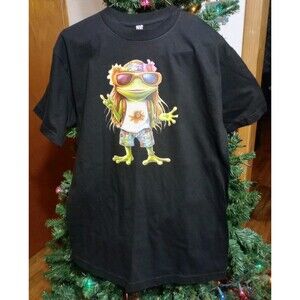 Men's Black SS T-Shirt With Hippie Funny Frog Sz M At Leisure Casual New
